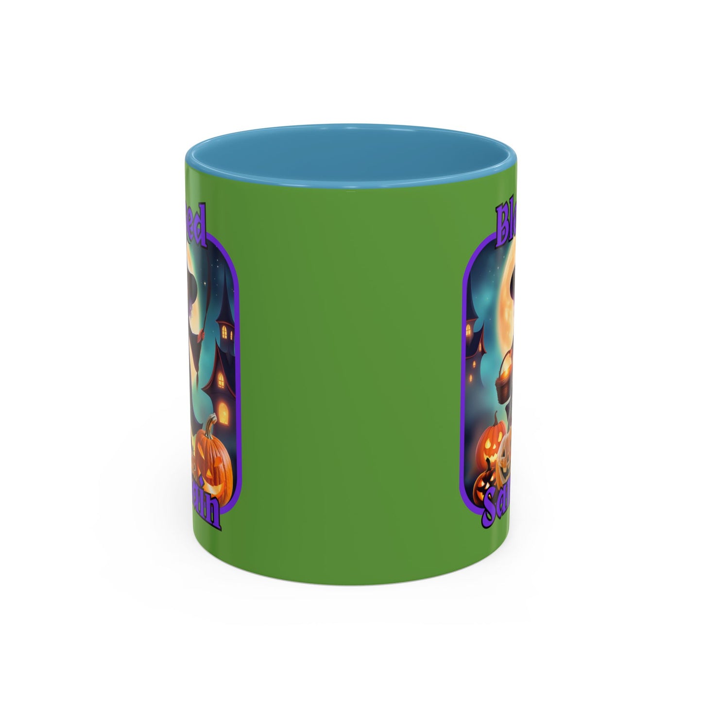 Blessed Samhain Little Witch Purple font Green Accent Mug by CreepyCrafts.boo