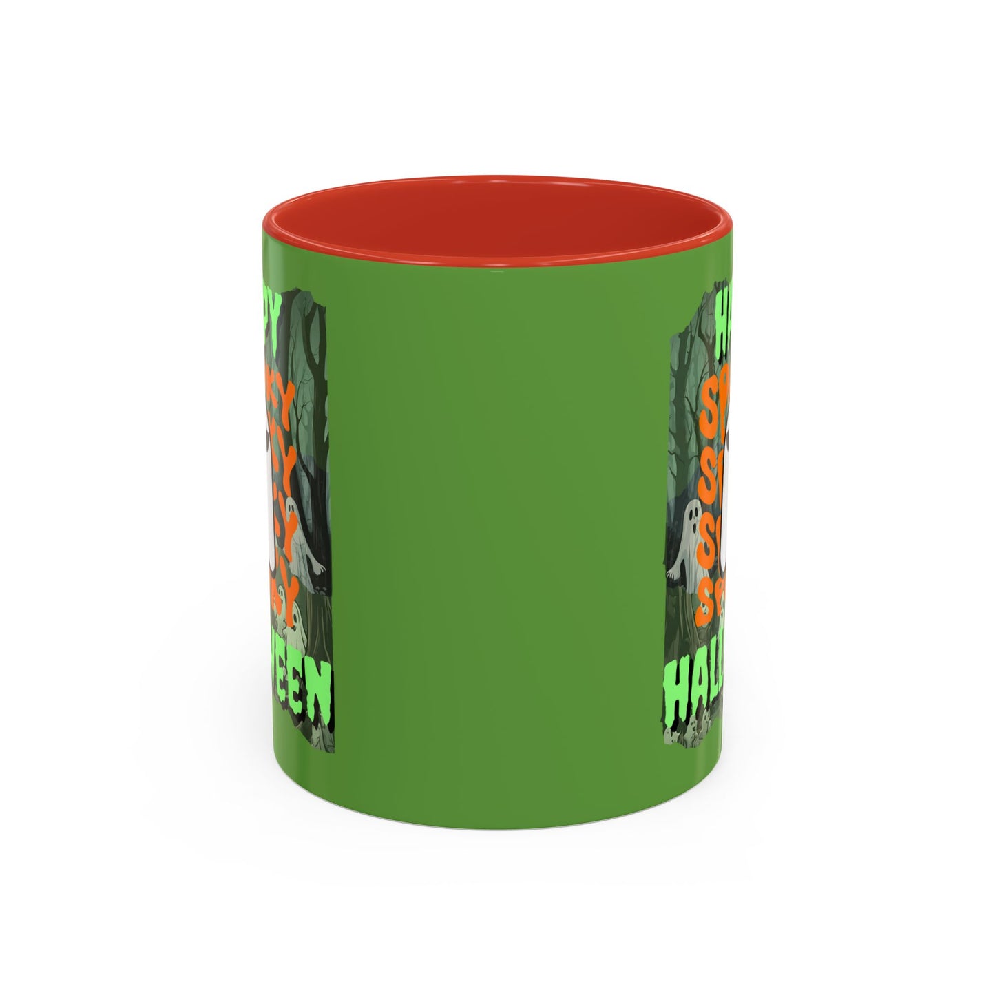 Spooky Happy Halloween Ghost Green font Green Accent Mug by CreepyCrafts.boo