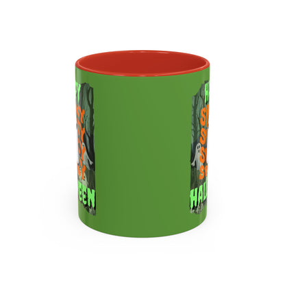 Spooky Happy Halloween Ghost Green font Green Accent Mug by CreepyCrafts.boo