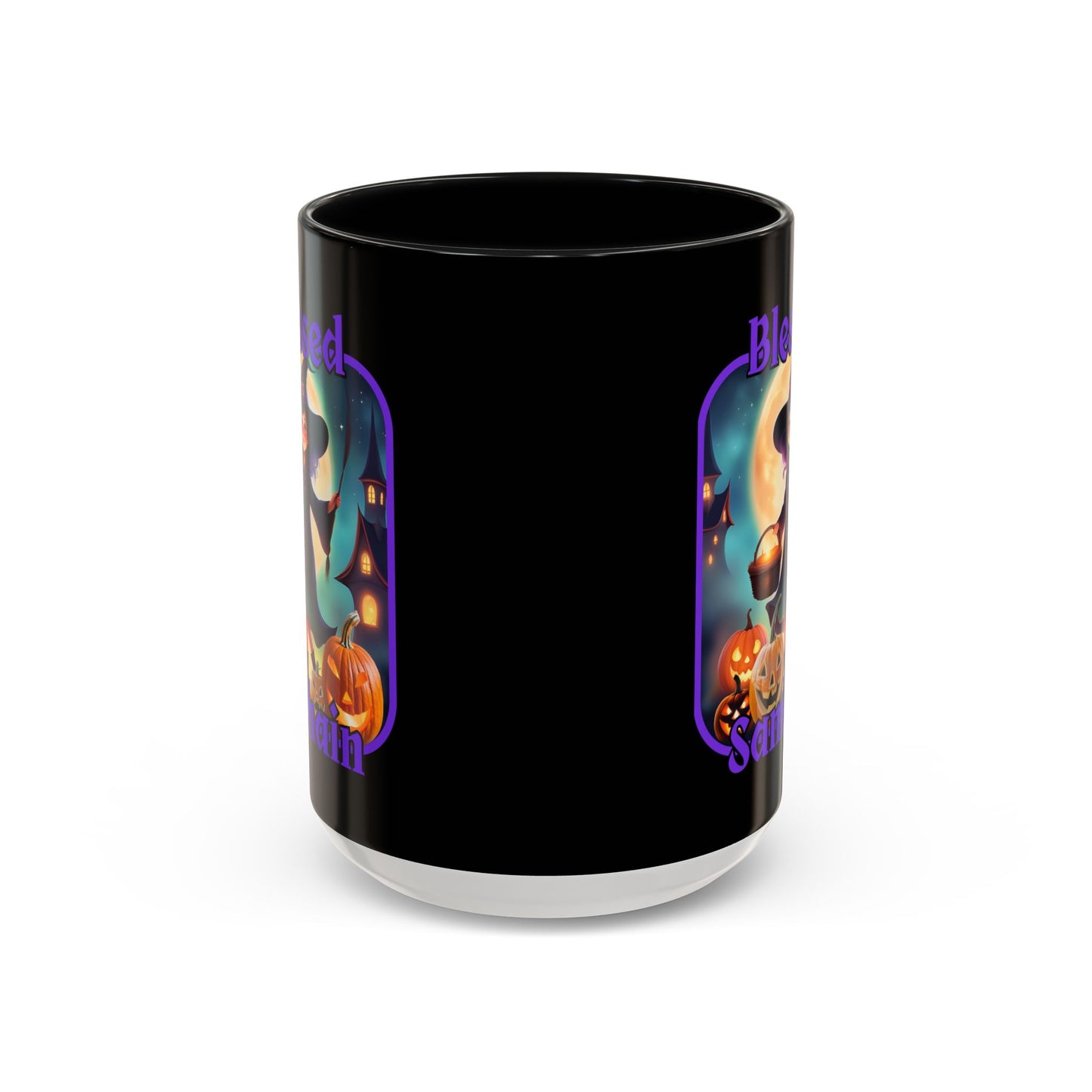 Blessed Samhain Little Witch Purple font Black Accent Mug by CreepyCrafts.boo