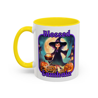 Blessed Samhain Little Witch Purple font White Accent Mug by CreepyCrafts.boo