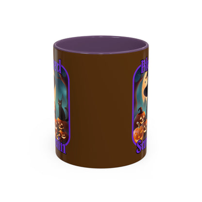 Blessed Samhain Cute Witch Purple font Brown Accent Mug by CreepyCrafts.boo