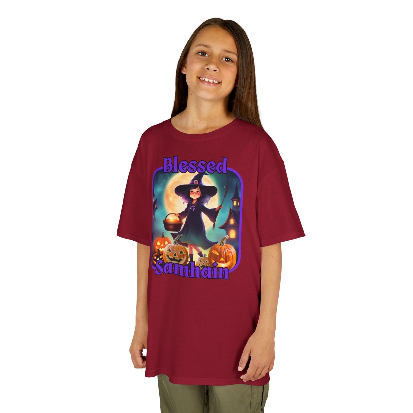 Blessed Samhain Little Witch Purple font Kids Heavy Cotton™ Tee by CreepyCrafts.boo