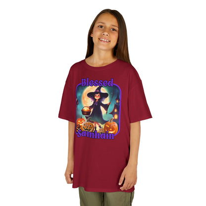 Blessed Samhain Little Witch Purple font Kids Heavy Cotton™ Tee by CreepyCrafts.boo