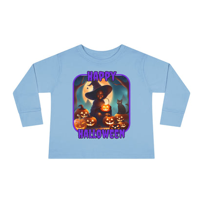 Happy Halloween Cute Witch Purple font Toddler Long Sleeve Tee by CreepyCrafts.boo