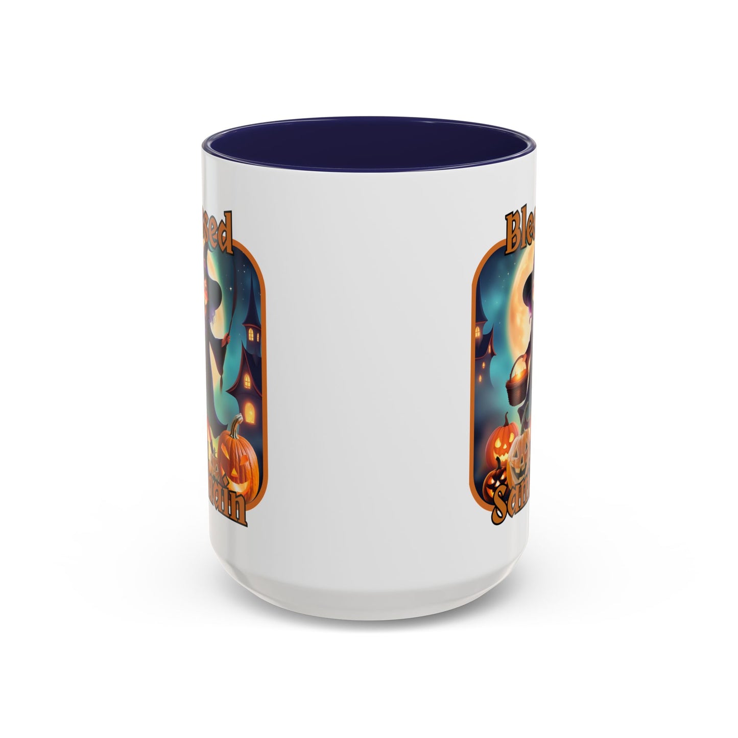 Blessed Samhain Little Witch Orange font White Accent Mug by CreepyCrafts.boo