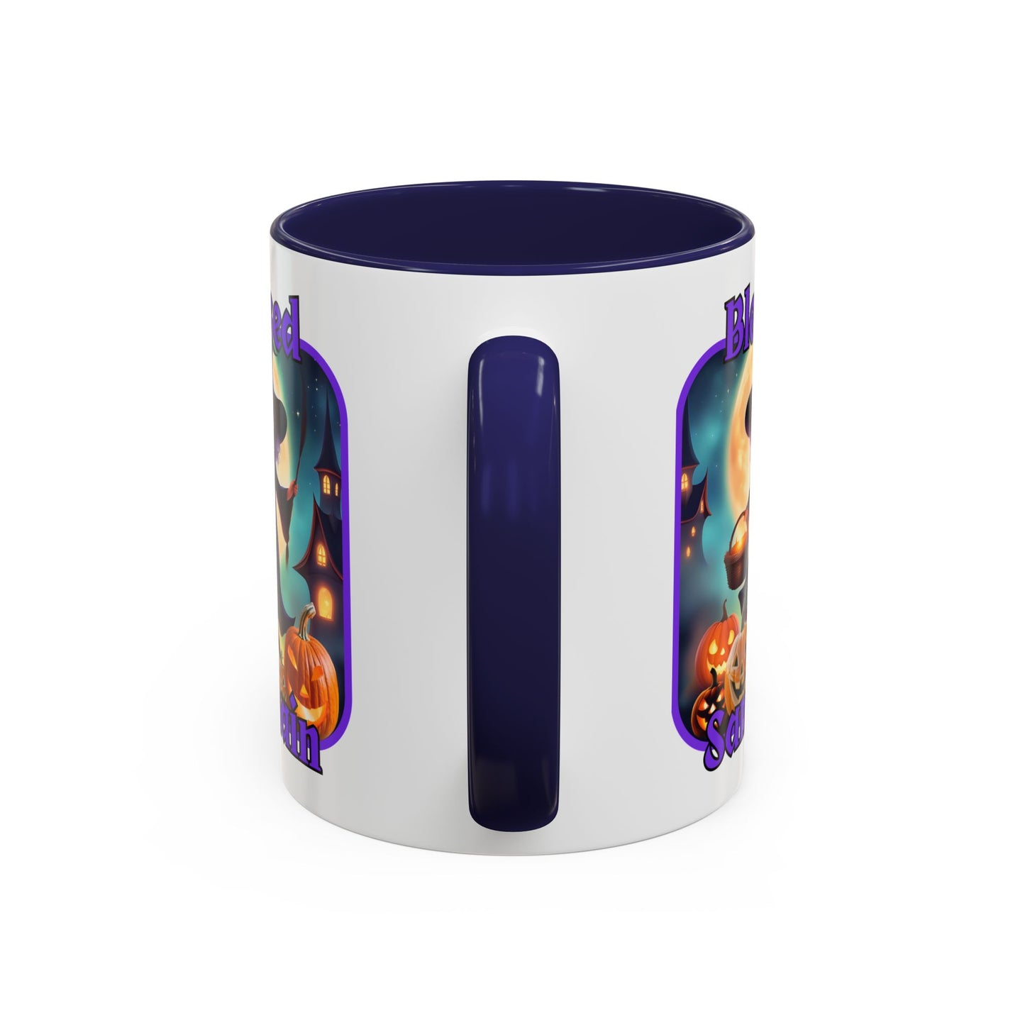 Blessed Samhain Little Witch Purple font White Accent Mug by CreepyCrafts.boo