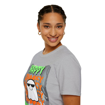 Spooky Happy Halloween Ghost Light colors Green font Unisex T-Shirt by CreepyCrafts.boo