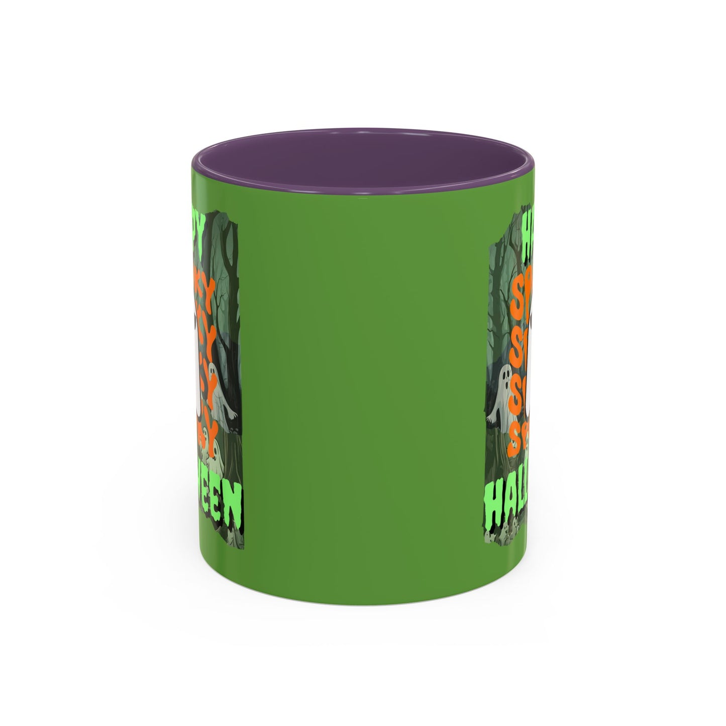 Spooky Happy Halloween Ghost Green font Green Accent Mug by CreepyCrafts.boo