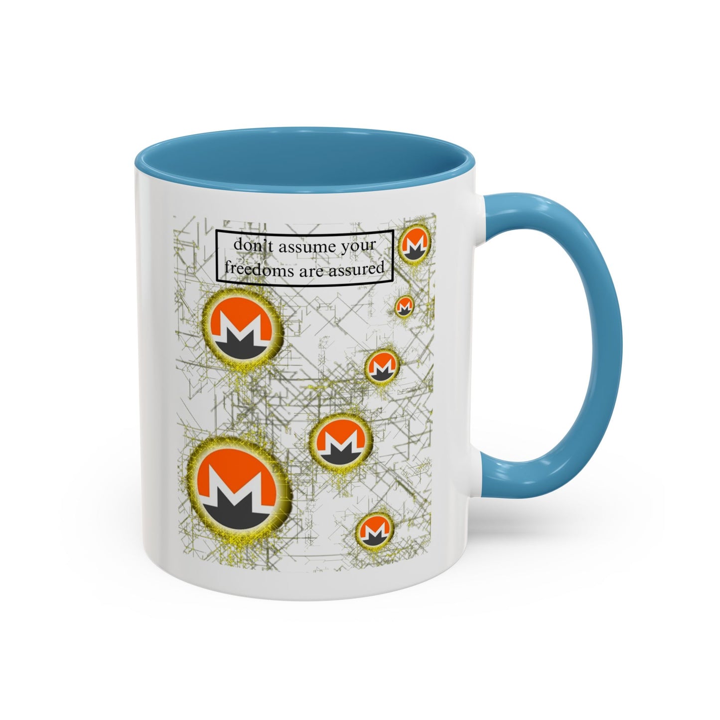 Monero (XMR) don't assume your freedoms are assured White Accent Mug by cypherpunkgear.com