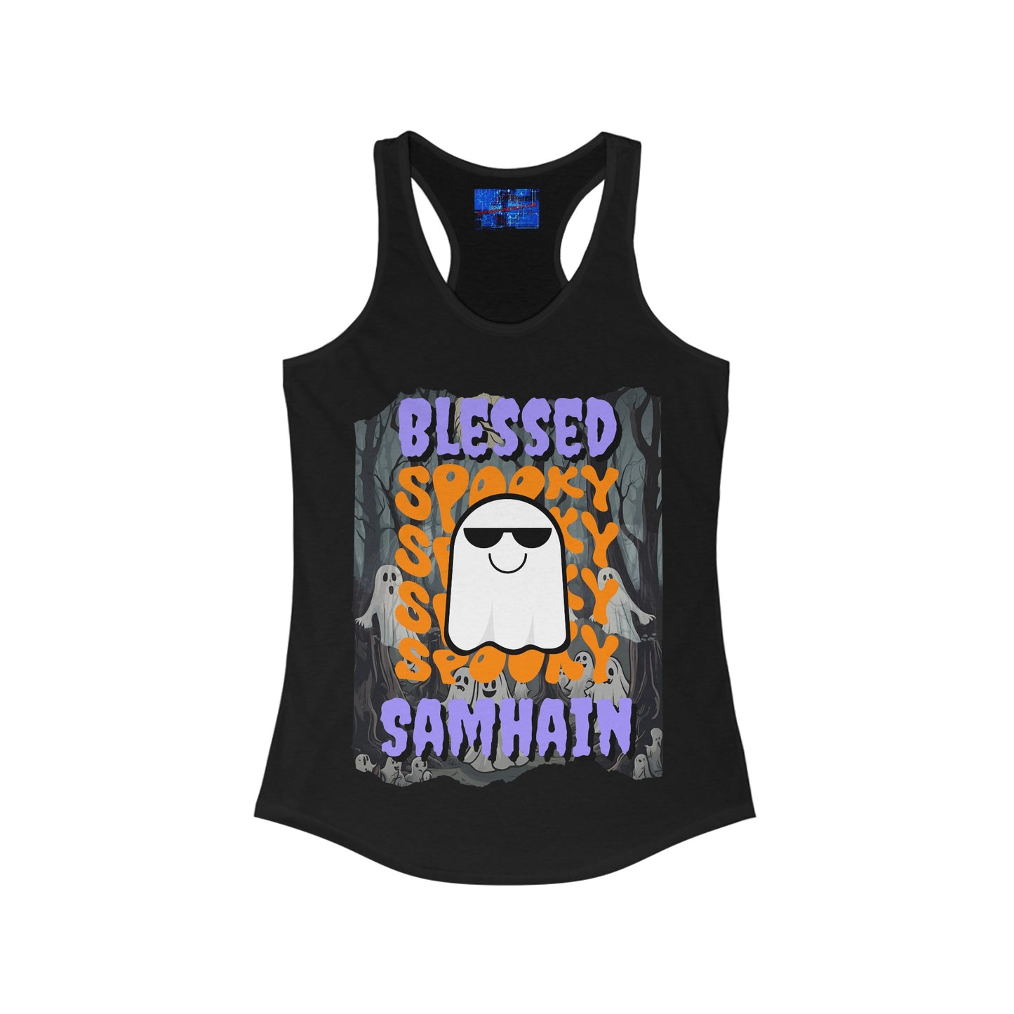 Spooky Blessed Samhain Ghost PRfont Women's Racerback Tank Top by cypherpunkgear