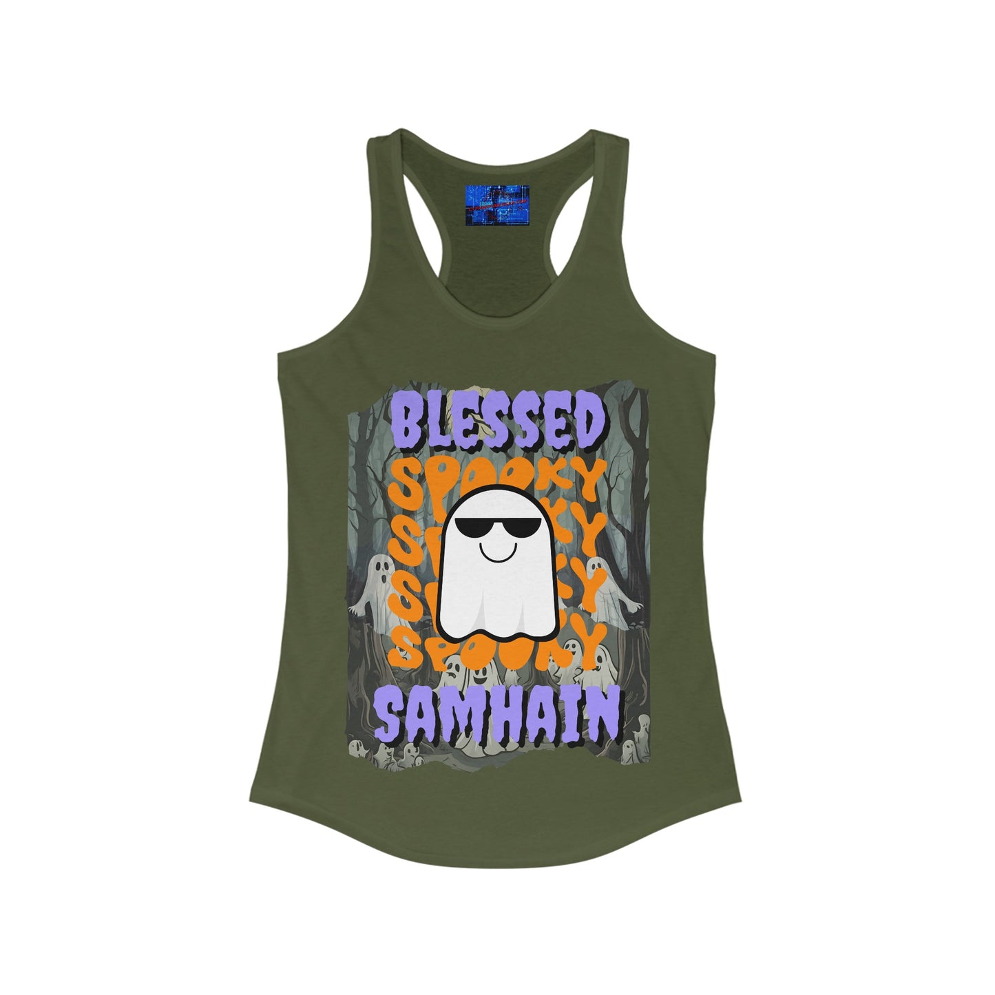 Spooky Blessed Samhain Ghost PRfont Women's Racerback Tank Top by cypherpunkgear