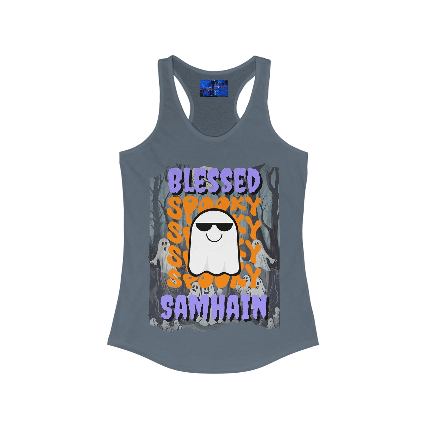 Spooky Blessed Samhain Ghost PRfont Women's Racerback Tank Top by cypherpunkgear