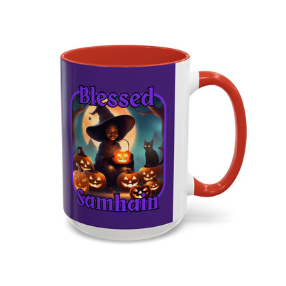 Blessed Samhain Cute Witch Purple font Purple Accent Mug by CreepyCrafts.boo
