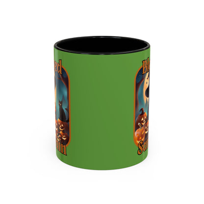 Blessed Samhain Cute Witch Orange font Green Accent Mug by CreepyCrafts.boo
