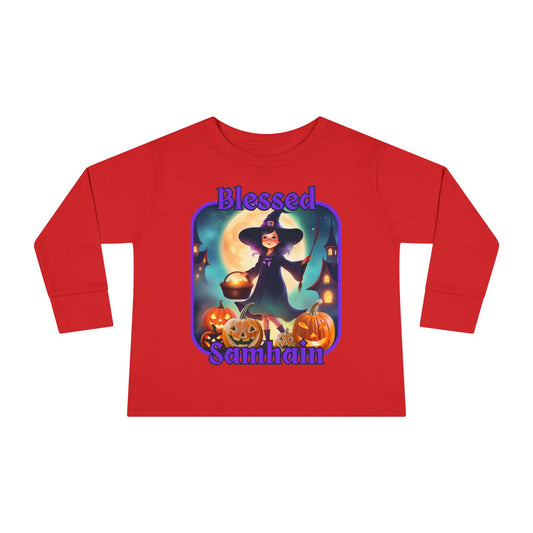 Blessed Samhain Little Witch Purple font Toddler Long Sleeve Tee by CreepyCrafts.boo