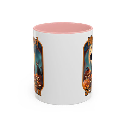 Blessed Samhain Cute Witch Orange font White Accent Mug by CreepyCrafts.boo