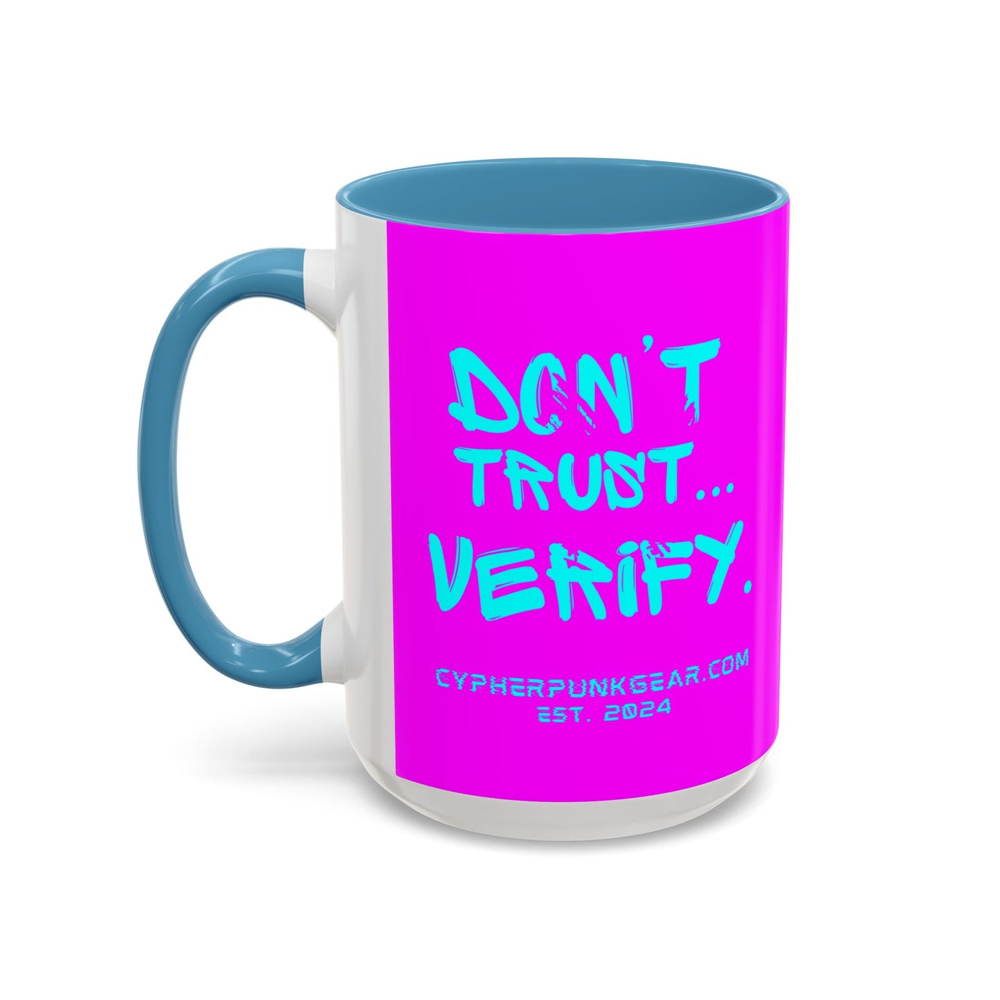 Don't Trust...Verify. Electric Magenta Accent Mug by cypherpunkgear.com