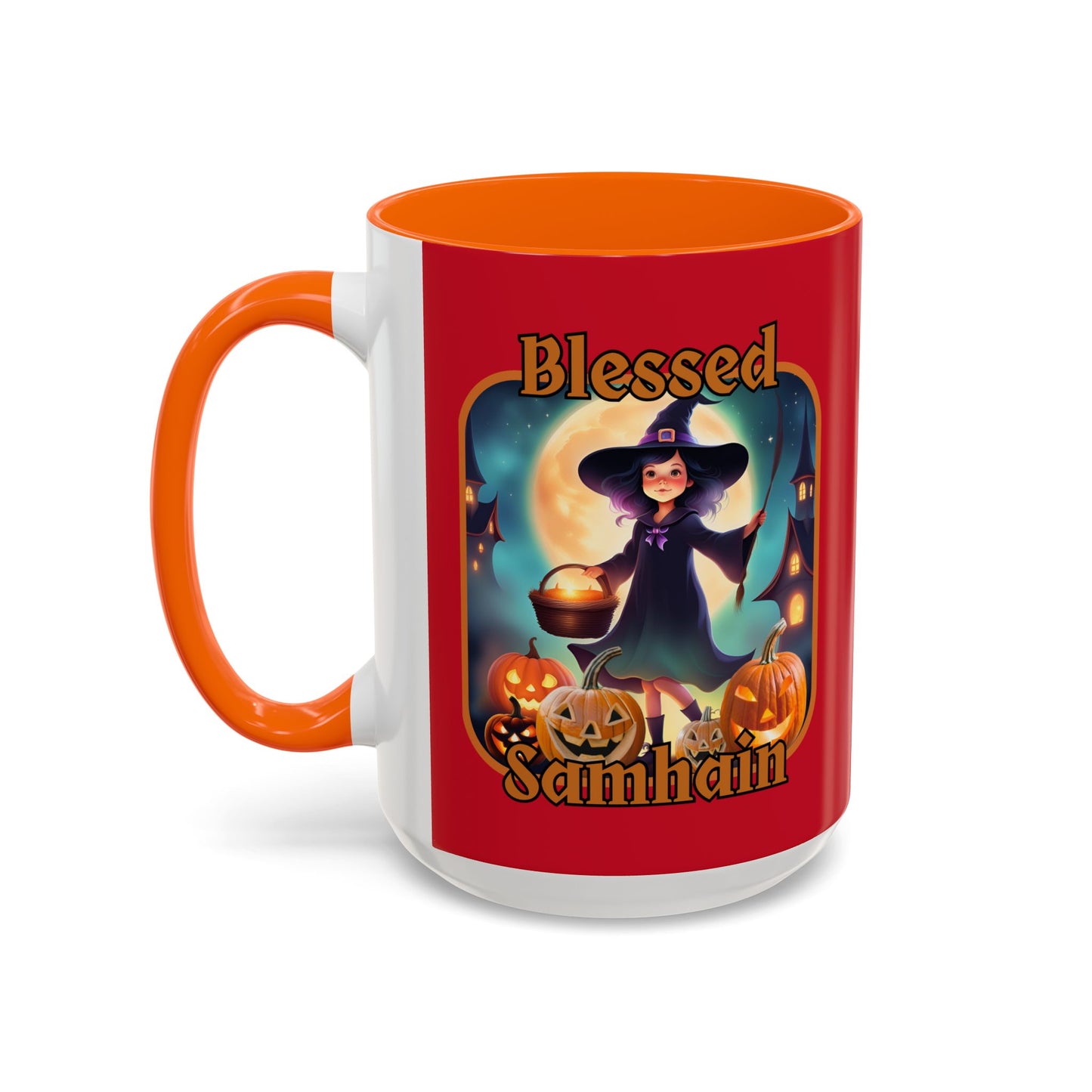 Blessed Samhain Little Witch Orange font Red Accent Mug by CreepyCrafts.boo