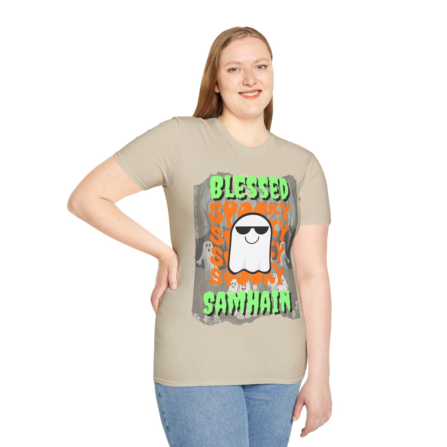 Spooky Blessed Samhain Ghost Green font Unisex T-Shirt by CreepyCrafts.boo