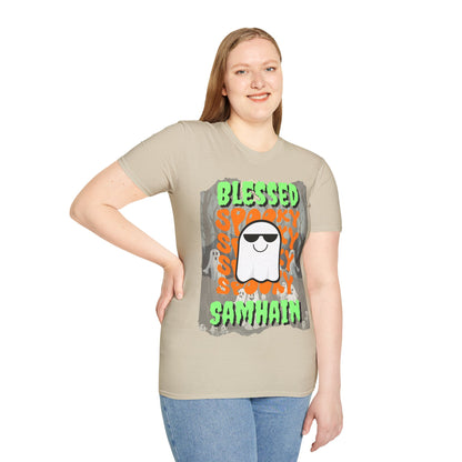 Spooky Blessed Samhain Ghost Green font Unisex T-Shirt by CreepyCrafts.boo