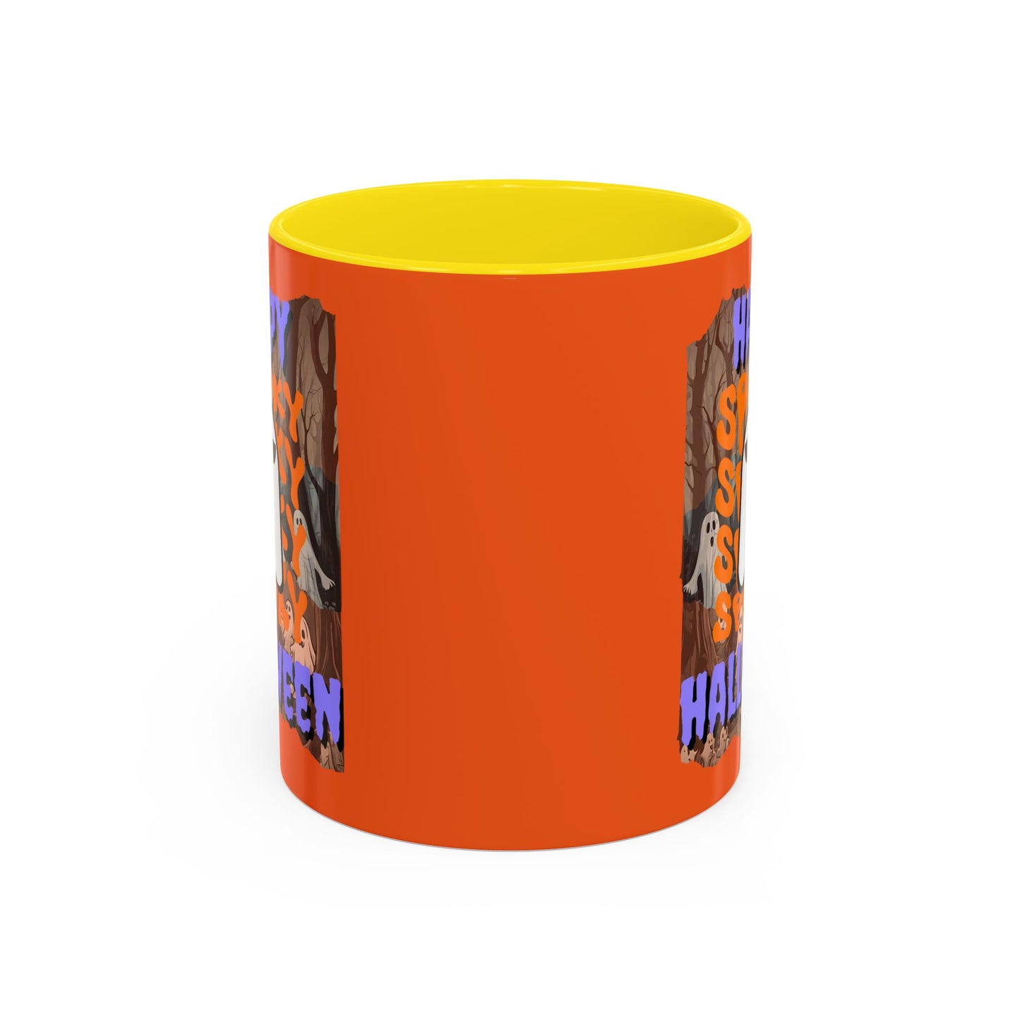 Spooky Happy Halloween Ghost Purple font Orange Accent Mug by CreepyCrafts.boo