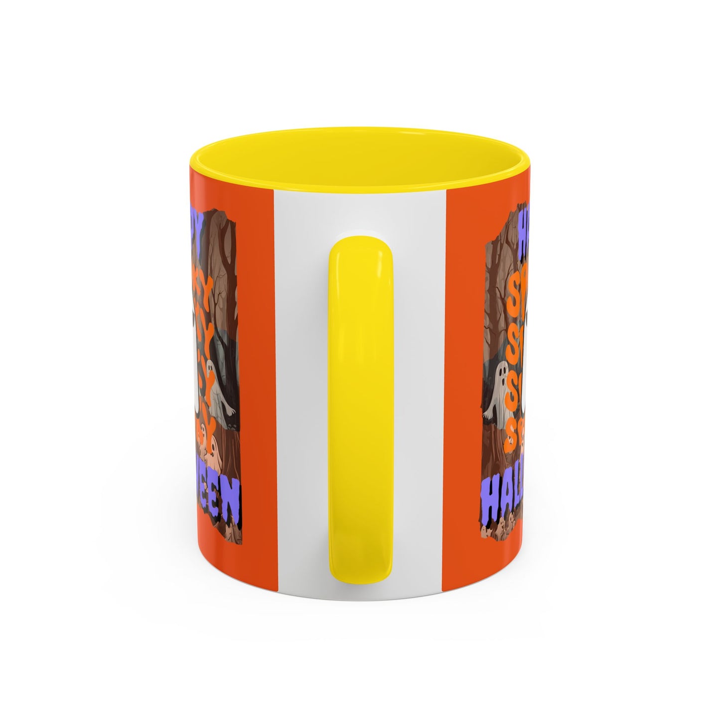 Spooky Happy Halloween Ghost Purple font Orange Accent Mug by CreepyCrafts.boo