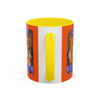 Spooky Happy Halloween Ghost Purple font Orange Accent Mug by CreepyCrafts.boo