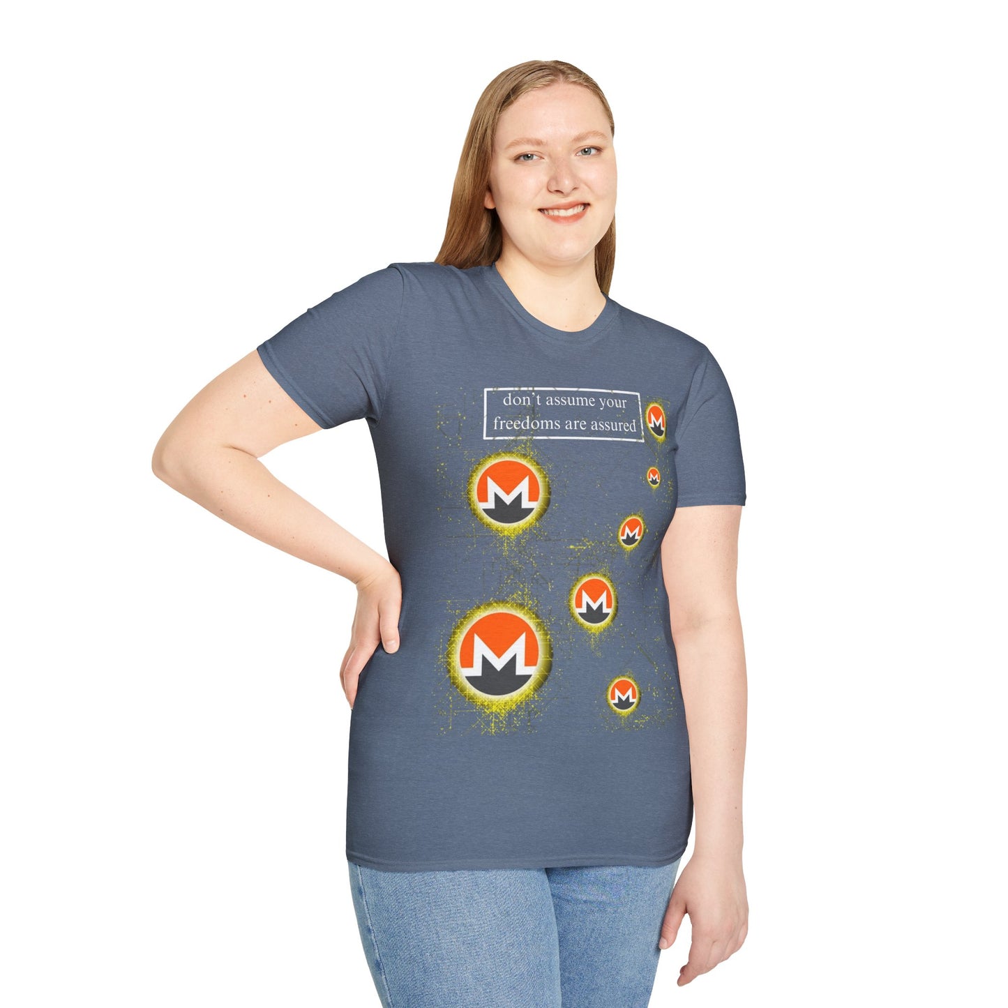 Monero (XMR) don't assume your freedoms are assured Dark colors Unisex T-Shirt by cypherpunkgear.com