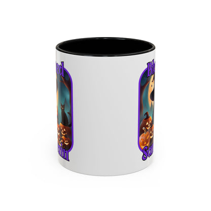 Blessed Samhain Cute Witch Purple font White Accent Mug by CreepyCrafts.boo