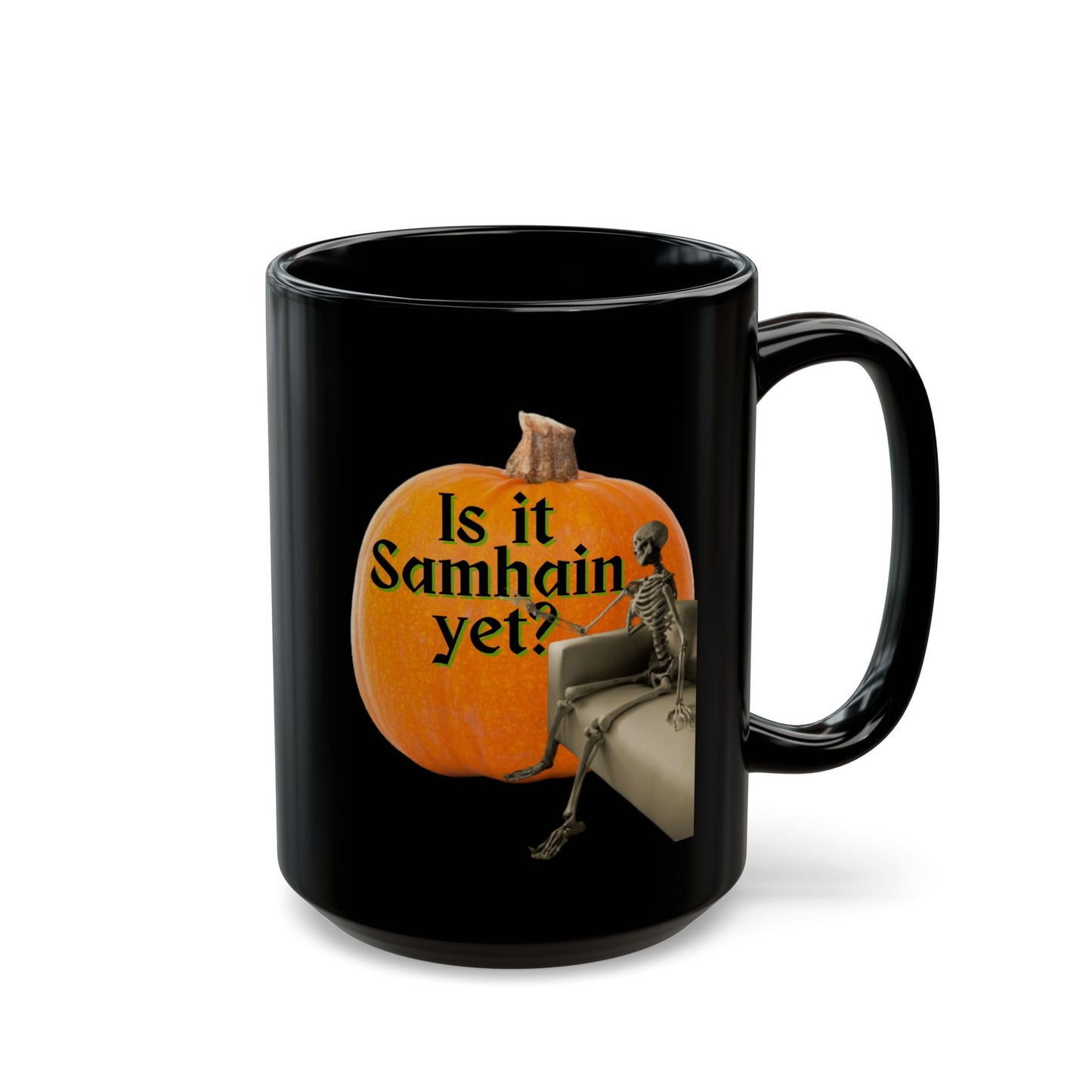 Is It Samhain Yet? Skeleton's Giant Pumpkin Black Mug by CreepyCrafts.boo