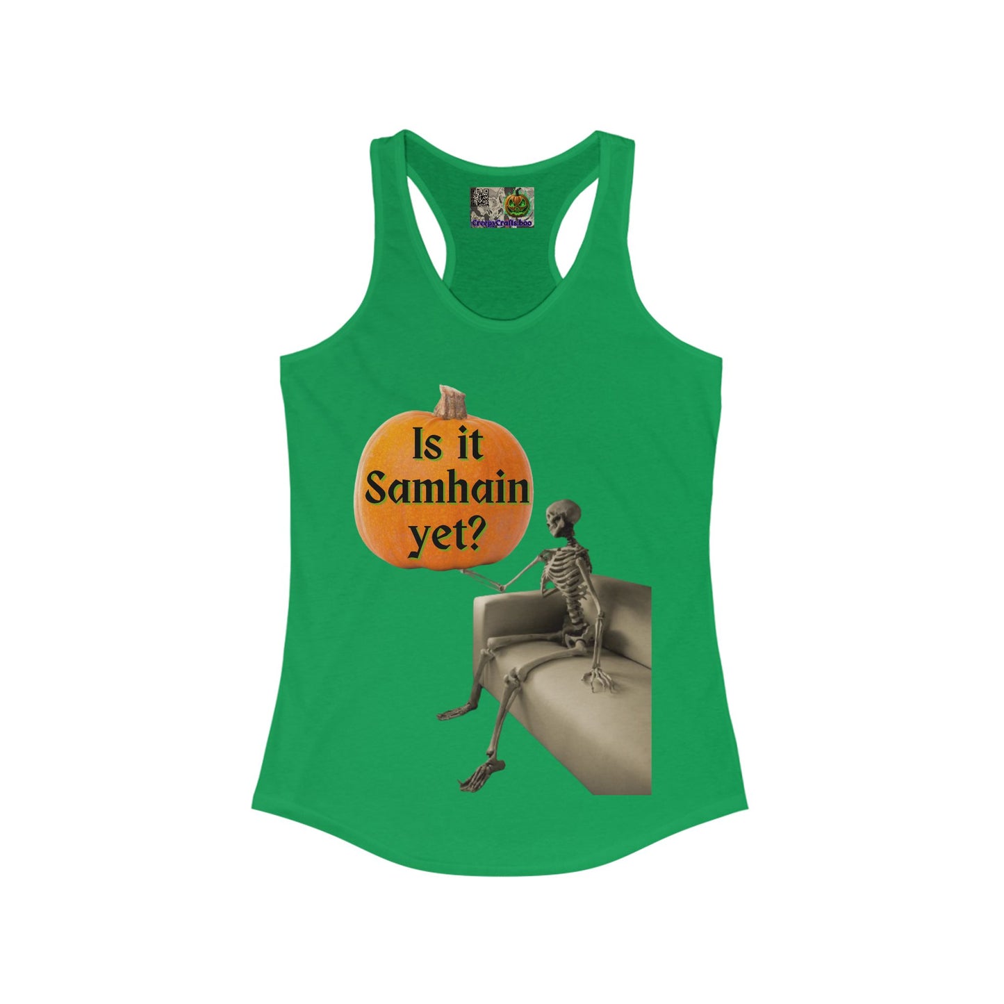 Is it Samhain yet? Skeleton's Pumpkin Women's Racerback Tank Top by CreepyCrafts.boo