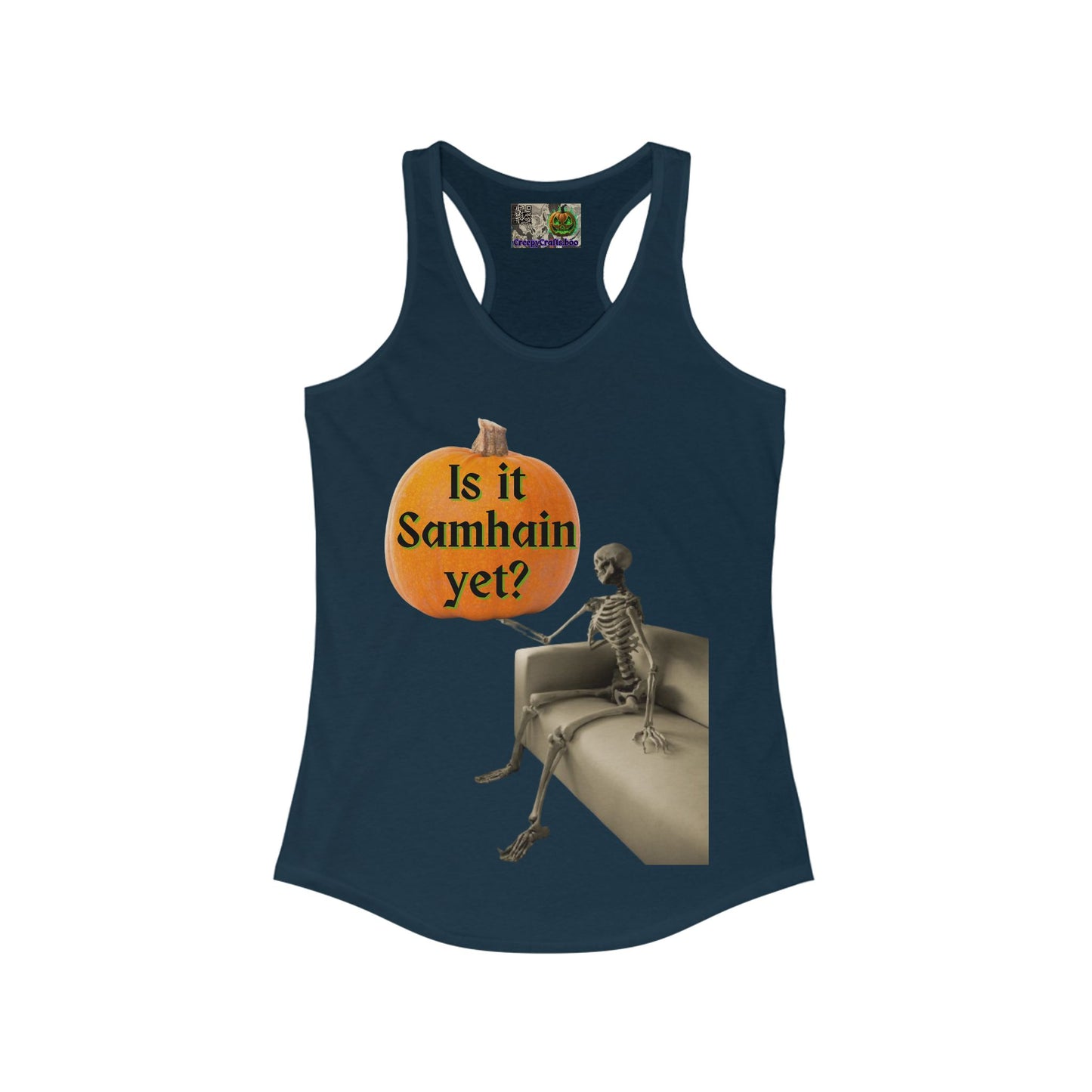 Is it Samhain yet? Skeleton's Pumpkin Women's Racerback Tank Top by CreepyCrafts.boo