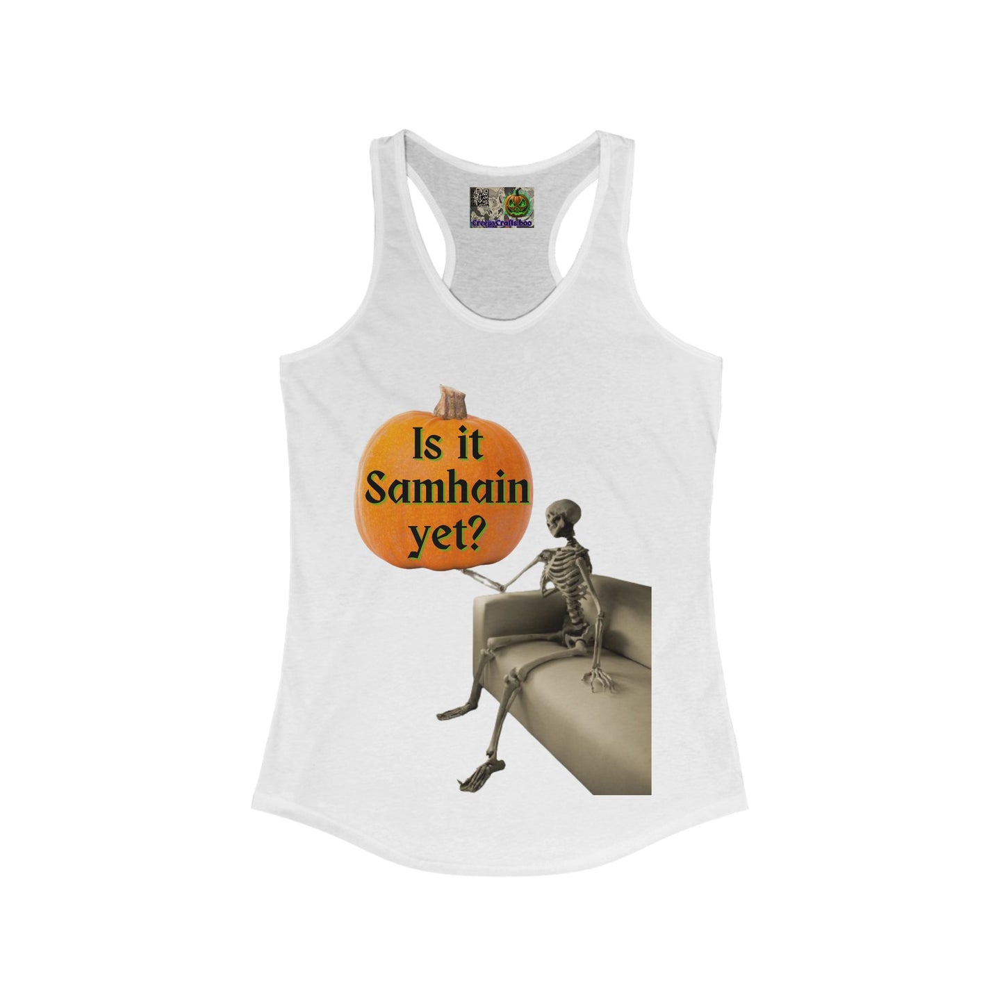Is it Samhain yet? Skeleton's Pumpkin Women's Racerback Tank Top by CreepyCrafts.boo