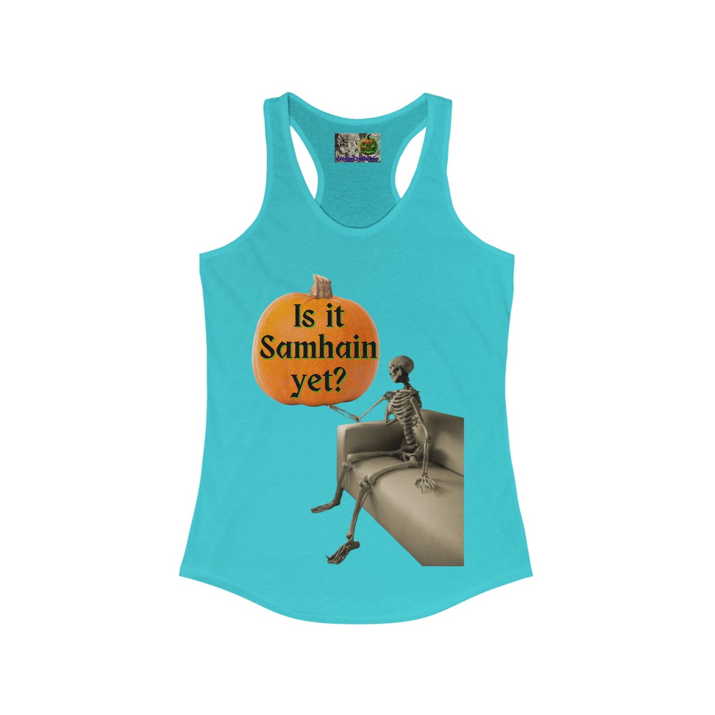Is it Samhain yet? Skeleton's Pumpkin Women's Racerback Tank Top by CreepyCrafts.boo