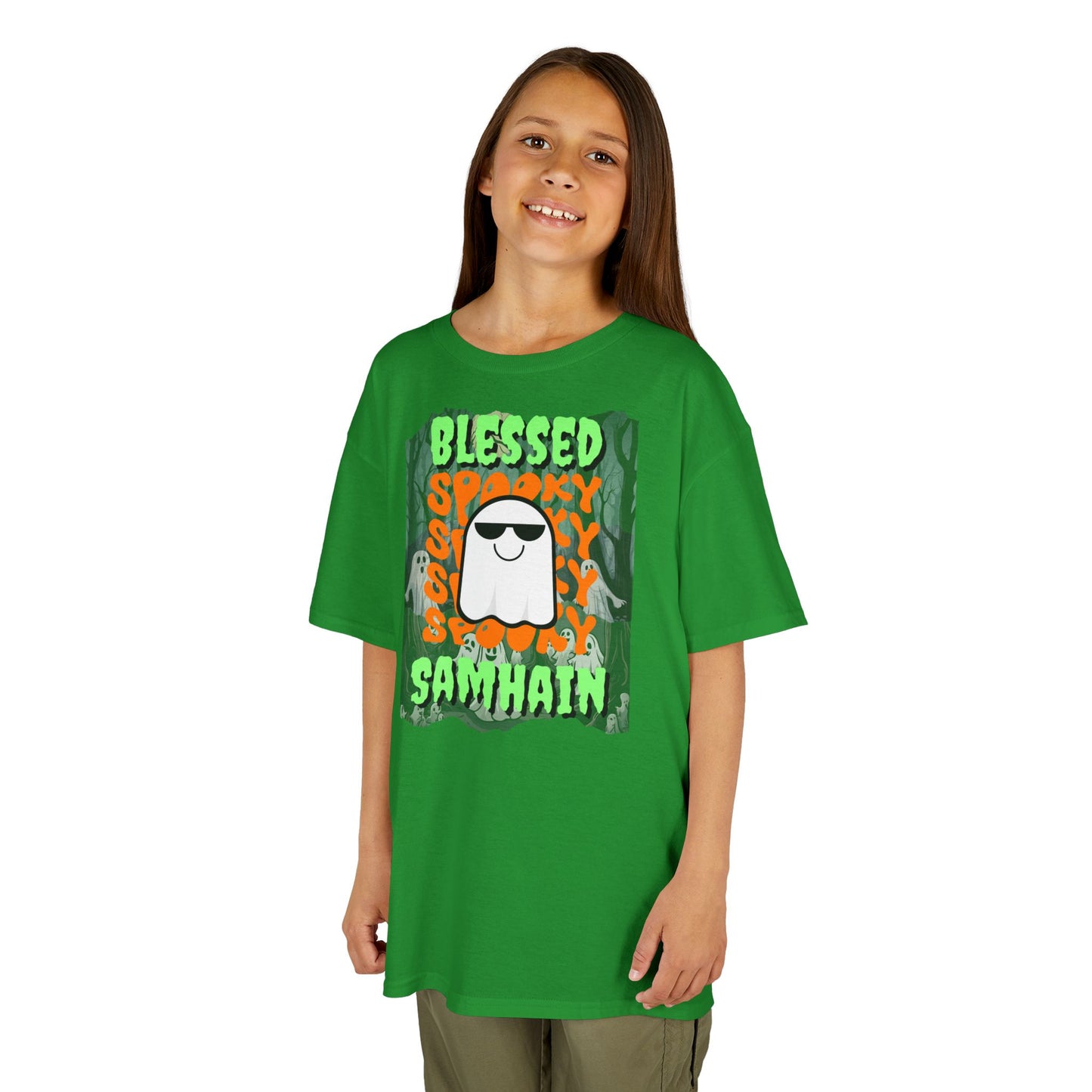 Spooky Blessed Samhain Ghost Green font Kids Heavy Cotton™ Tee by CreepyCrafts.boo