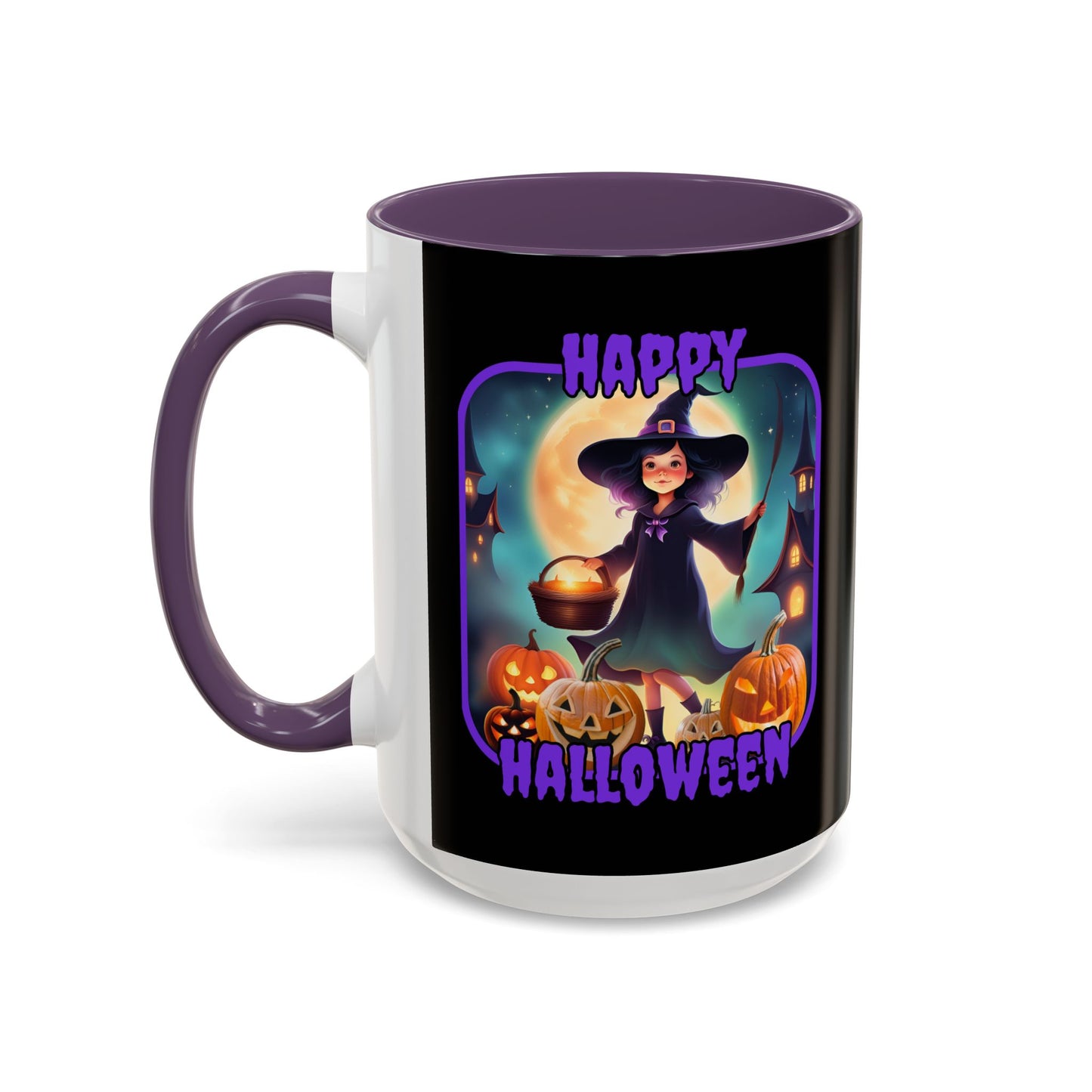 Happy Halloween Little Witch Purple font Black Accent Mug by CreepyCrafts.boo