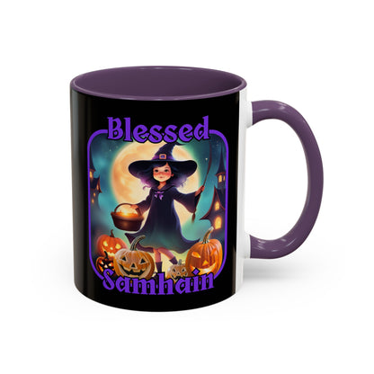 Blessed Samhain Little Witch Purple font Black Accent Mug by CreepyCrafts.boo