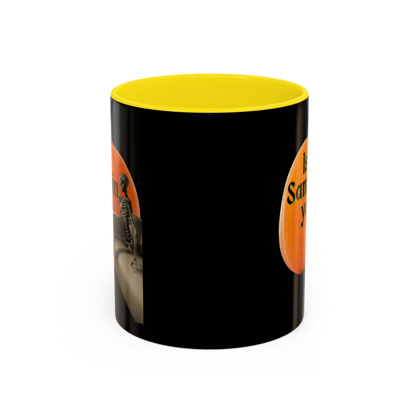Is It Samhain Yet? Skeleton's Giant Pumpkin Black Accent Mug by CreepyCrafts.boo