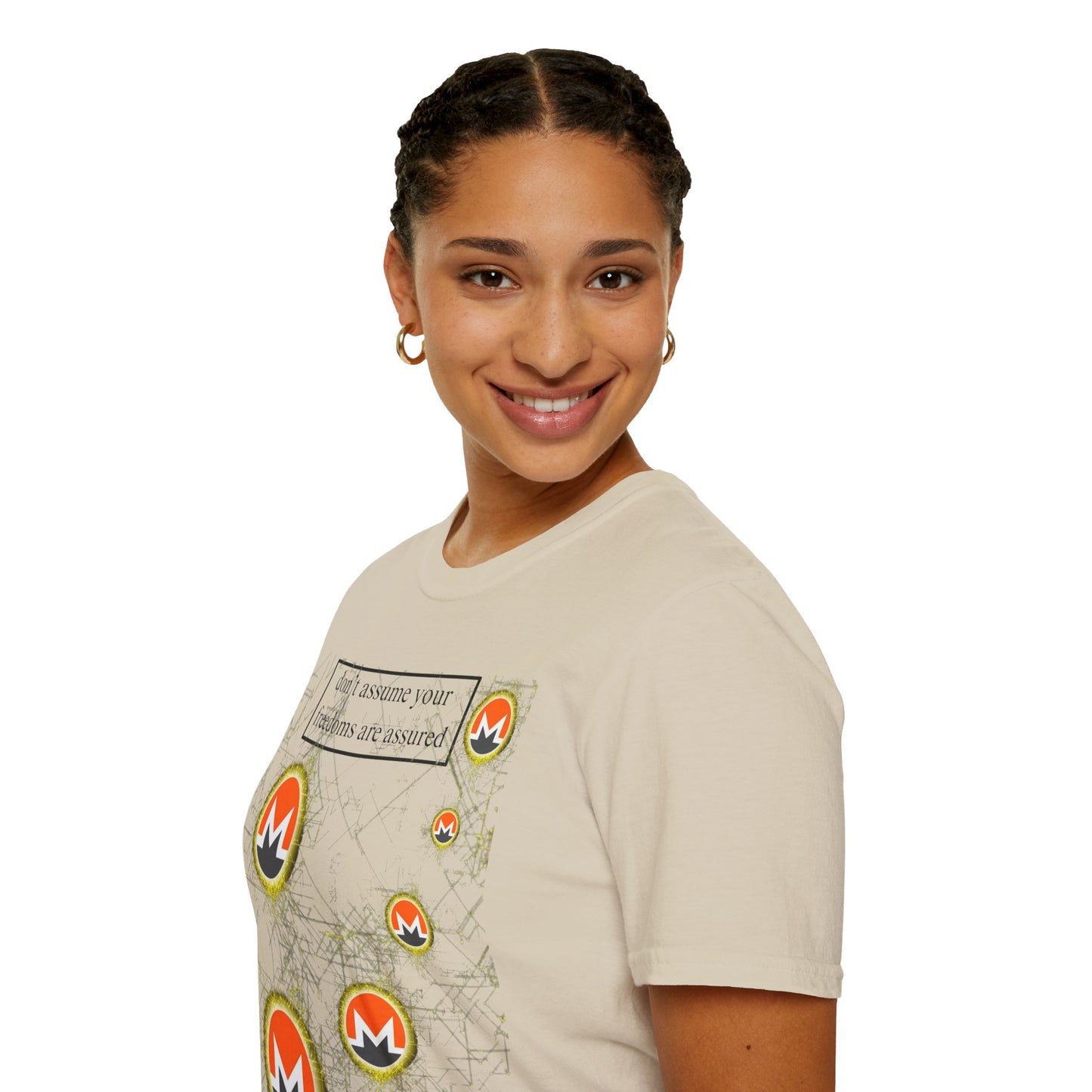 Monero (XMR) don't assume your freedoms are assured Light colors Unisex T-Shirt by cypherpunkgear.com