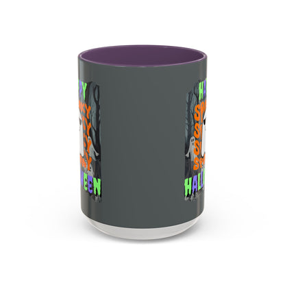 Spooky Happy Halloween Ghost Mixed font Grey Accent Mug by CreepyCrafts.boo