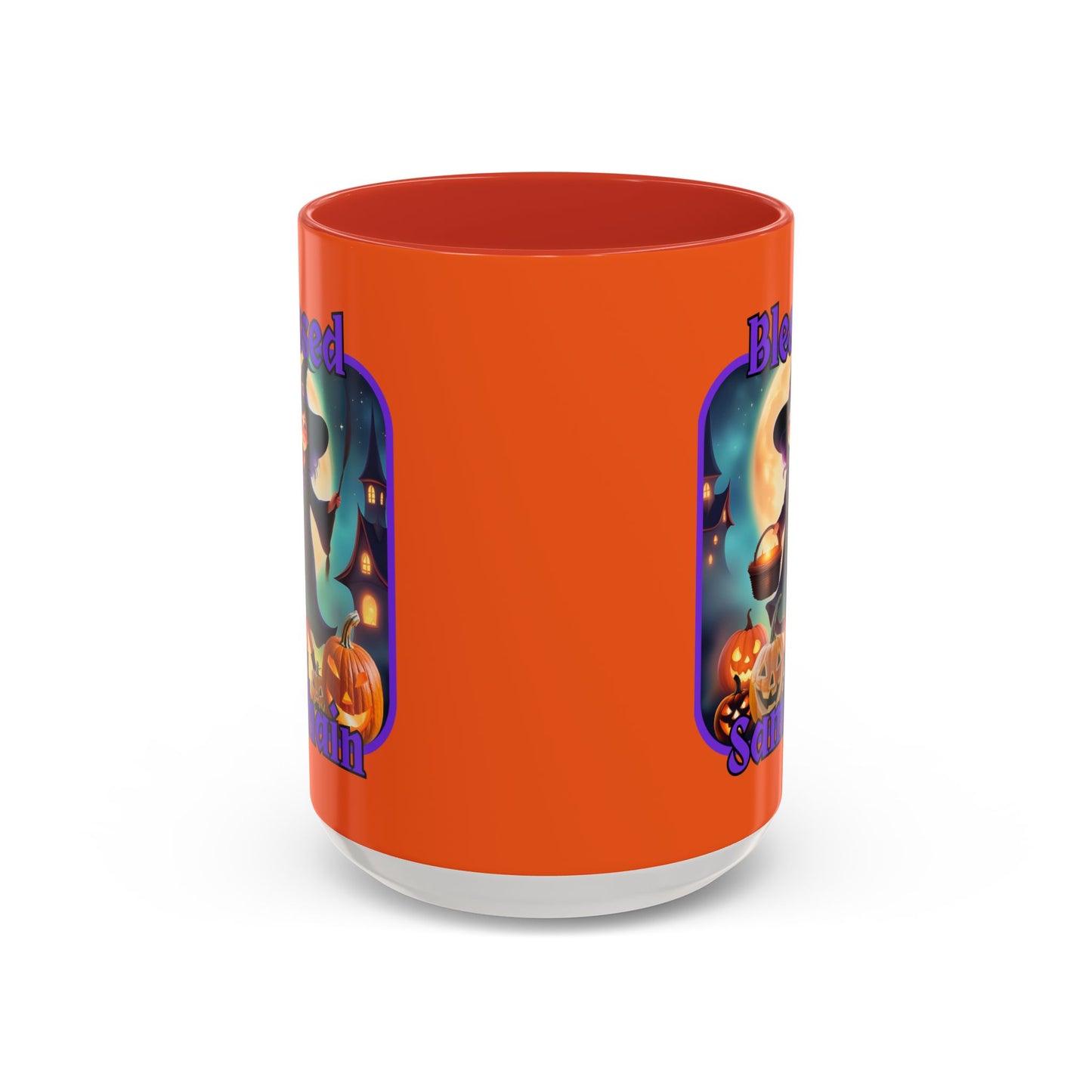 Blessed Samhain Little Witch Purple font Orange Accent Mug by CreepyCrafts.boo