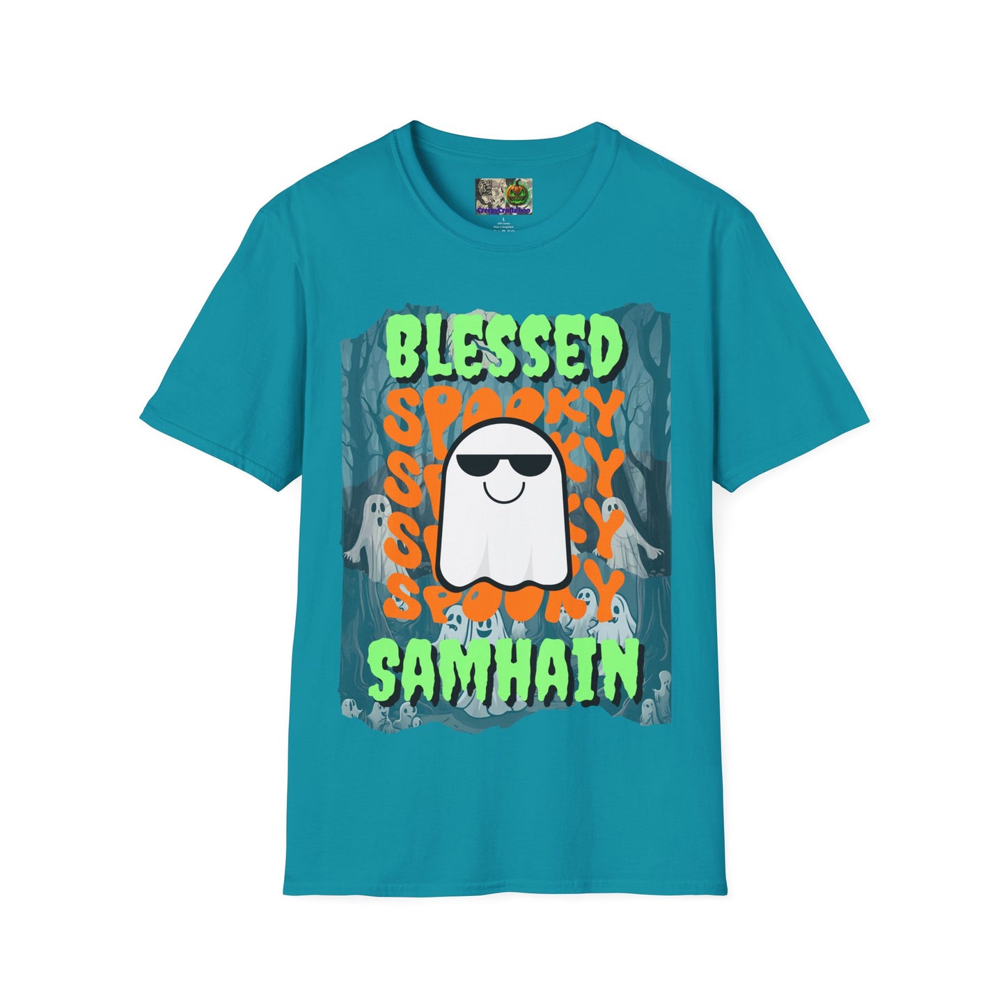 Spooky Blessed Samhain Ghost Green font Unisex T-Shirt by CreepyCrafts.boo