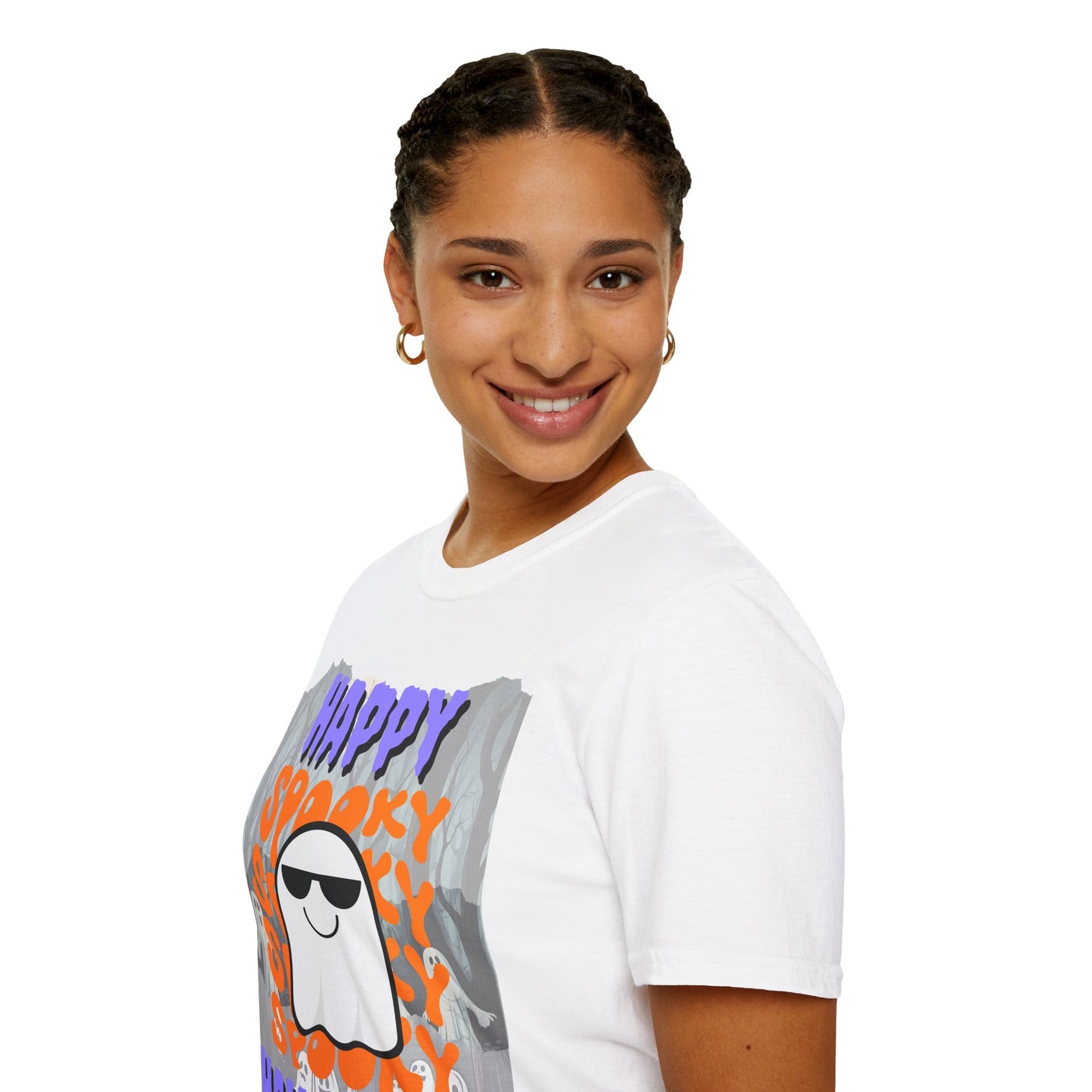 Spooky Happy Halloween Ghost Light colors Purple font Unisex T-Shirt by CreepyCrafts.boo