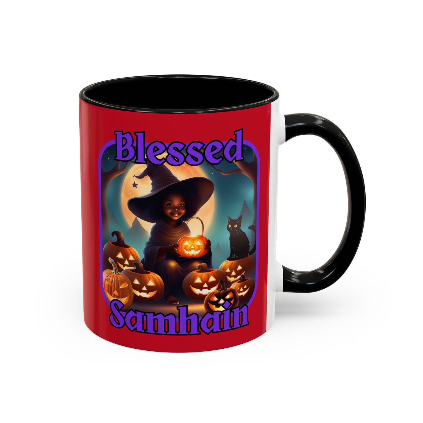 Blessed Samhain Cute Witch Purple font Red Accent Mug by CreepyCrafts.boo