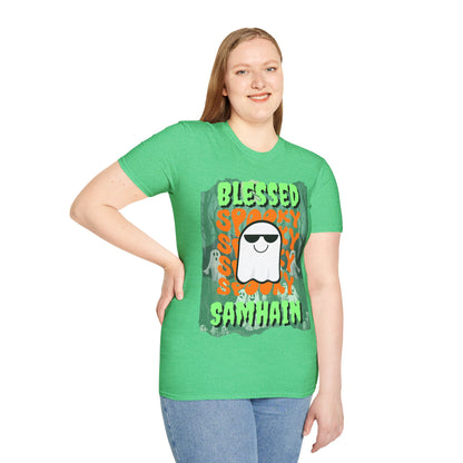 Spooky Blessed Samhain Ghost Green font Unisex T-Shirt by CreepyCrafts.boo