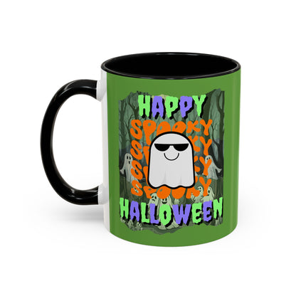 Spooky Happy Halloween Ghost Mixed font Green Accent Mug by CreepyCrafts.boo