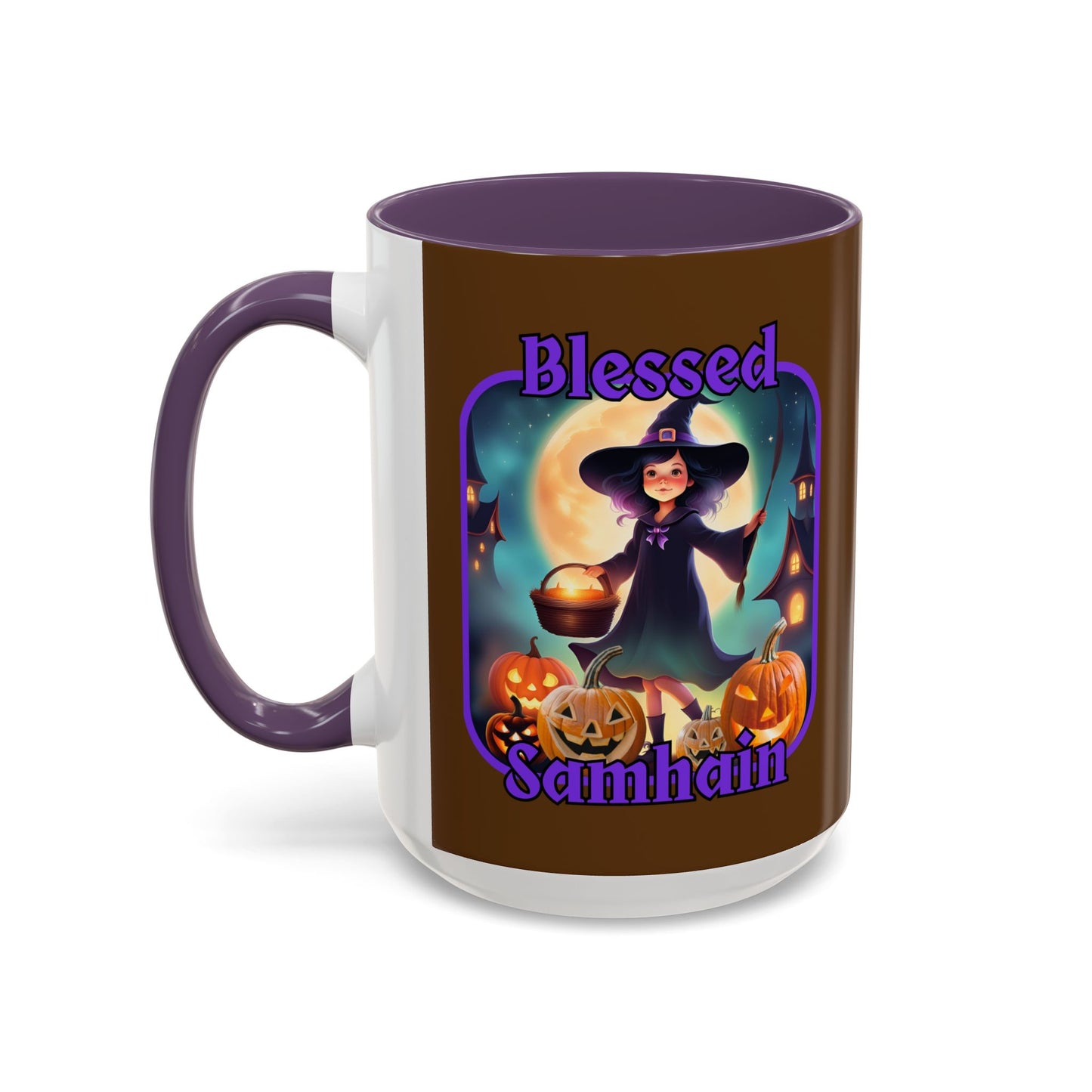 Blessed Samhain Little Witch Purple font Brown Accent Mug by CreepyCrafts.boo