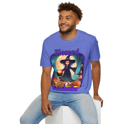 Blessed Samhain Little Witch Purple font Light colors Unisex T-Shirt by CreepyCrafts.boo