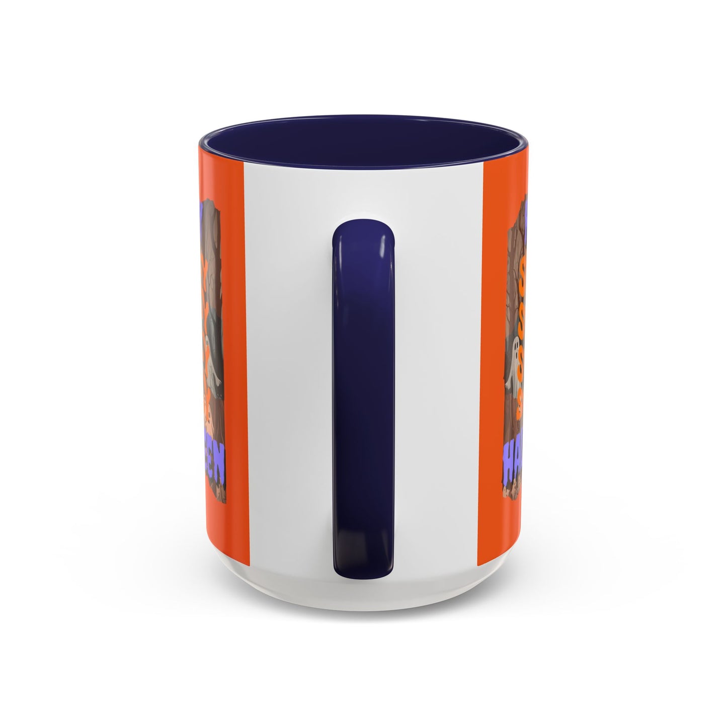 Spooky Happy Halloween Ghost Purple font Orange Accent Mug by CreepyCrafts.boo